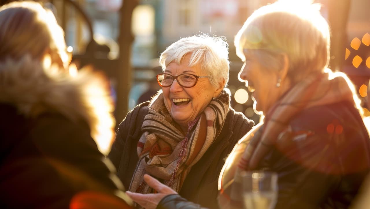 Personas mayores compartiendo y riendo al aire libre